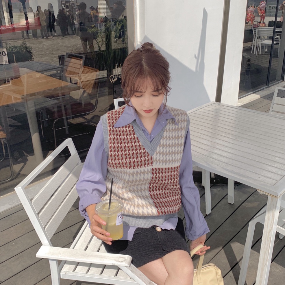 Gile Len Nữ Cổ V Bigsize Dày Dặn Form Rộng Nhiều Màu LUHAZO Vintage Phong Cách Hàn Quốc Kẻ Ô Vuông A-4