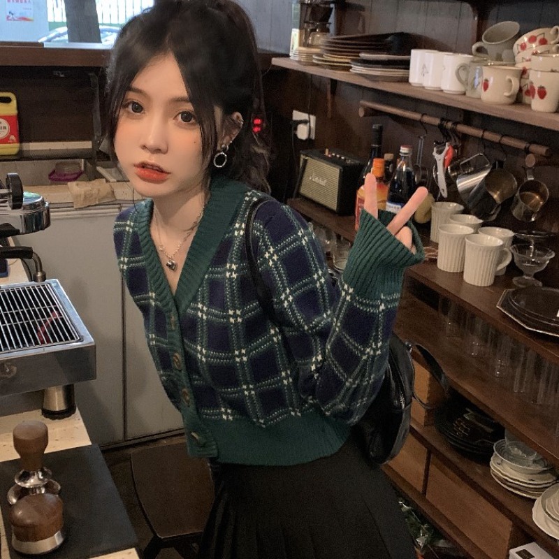 NUZIRO  Áo khoác len cardigan  dáng ngắn cổ chữ V họa tiết sọc caro phong cách retro thời trang cho nữ
