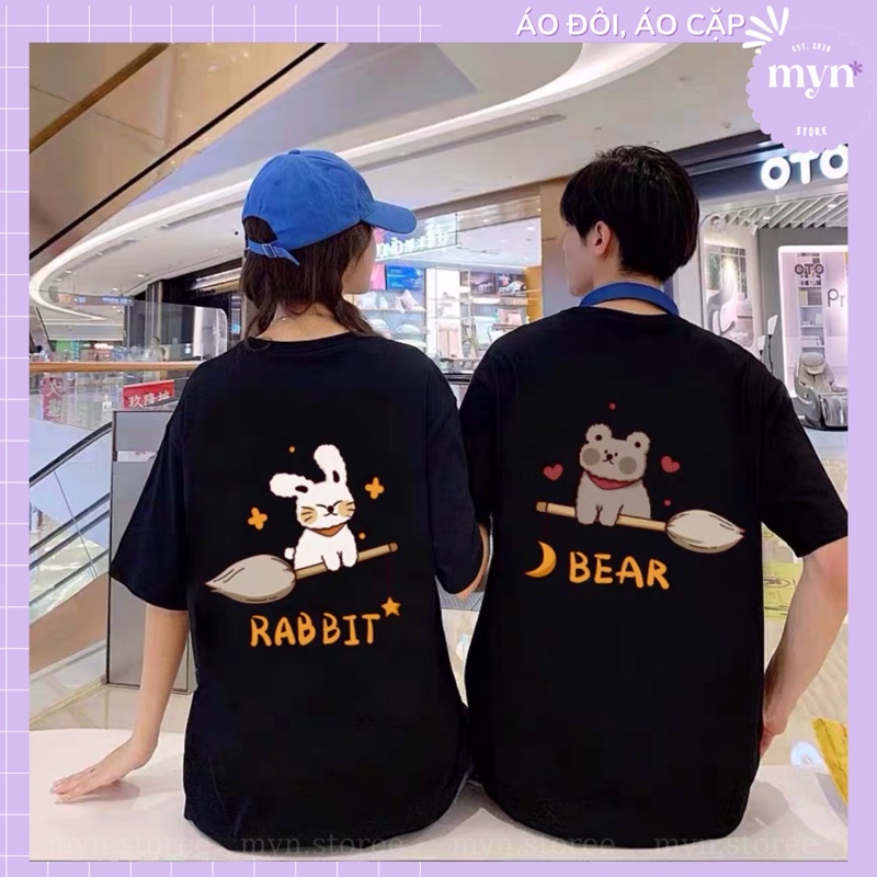 Áo thun cặp đôi họa tiết Thỏ - Gấu chất cotton, form rộng siêu đẹp, Áo phông cặp đôi Unisex Nam Nữ