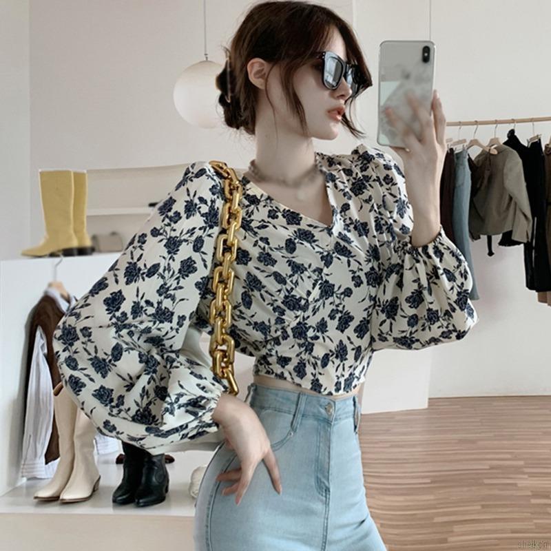 Áo Croptop Tay Dài Phối Dây Cột Hoa Thiết Kế Cổ V Gợi Cảm Cho Nữ Áo Sơ Mi