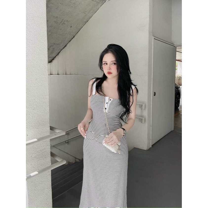 Đầm hai dây bản vuông ôm body dáng dài cài nút họa tiết sọc ngang chất thun gân mềm mịn