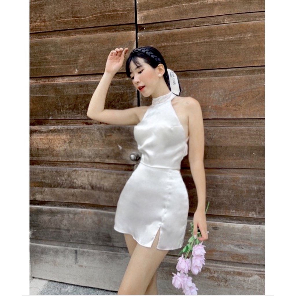 Set Áo Yếm Hở Lưng Chân Váy Lụa Cao Cấp - Áo Yếm Cột Dây Sau Lưng Chân Váy Có Lót Quần Trong Năng Động Cá Tính
