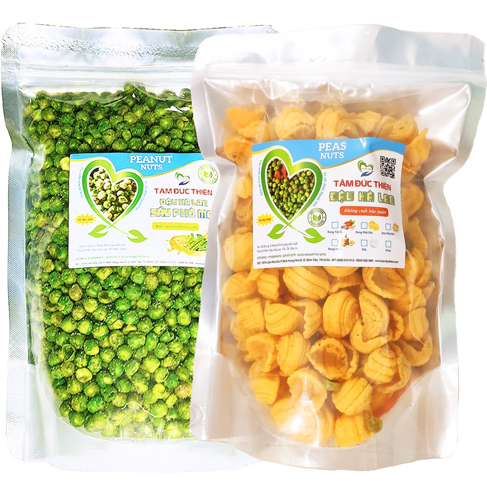 [Mã BMBAU50 giảm 7% đơn 99K] Combo 2 Túi: Hà Lan Rang Phô Mai 500GR và Bánh Vỏ Sò &amp; Đậu Hà Lan 205GR Tâm Đức Thiện