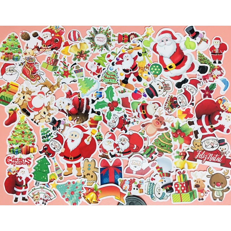 sét 30-50 sticker noel giáng sinh ép lụa cắt laze bóc dán