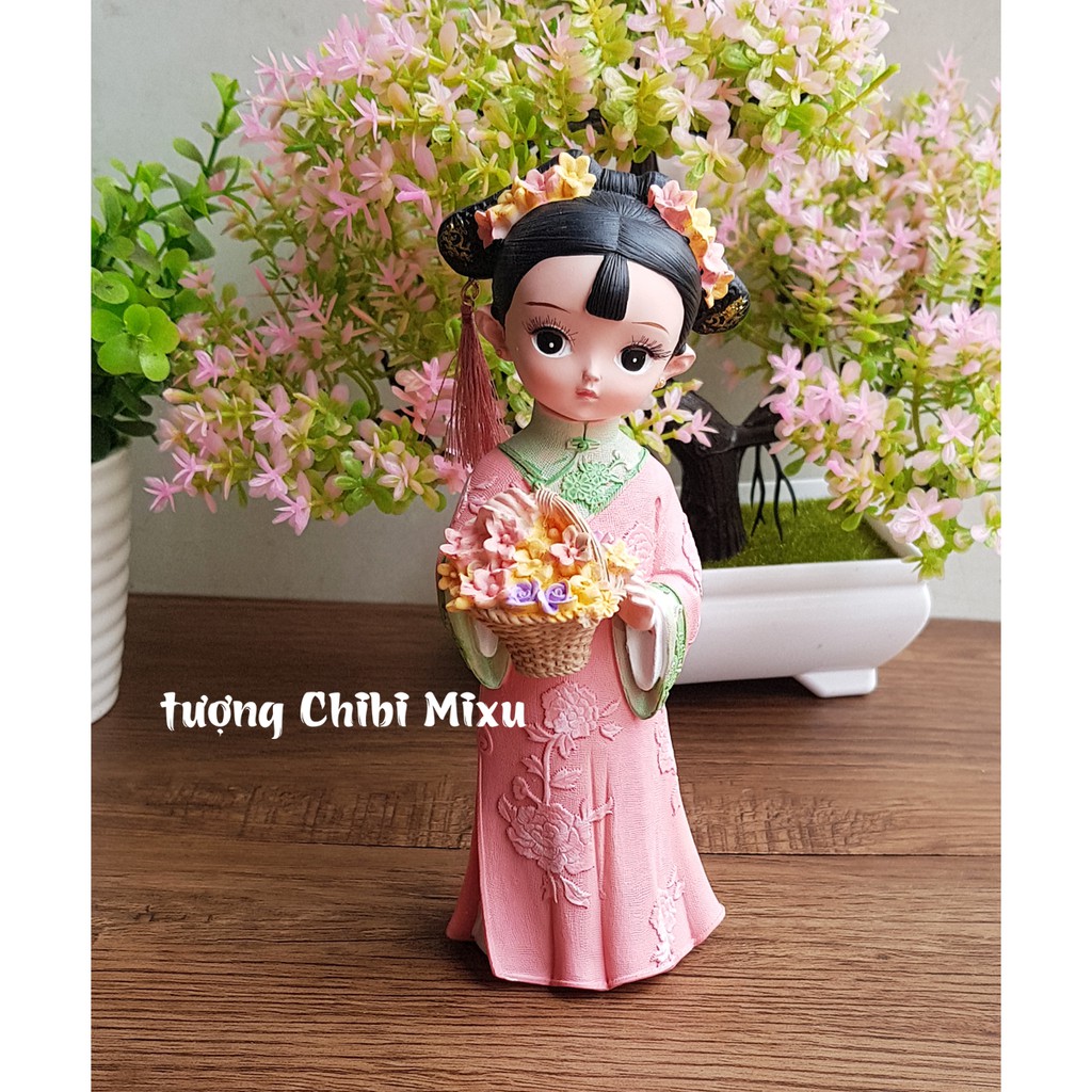 Tượng chibi thiếu nữ ôm giỏ hoa cổ trang 3 D