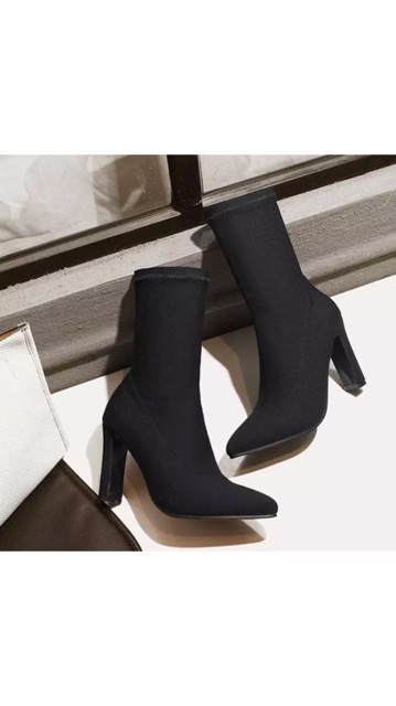 Boots cao gót nữ bốt vải bo trên ôm cổ chân