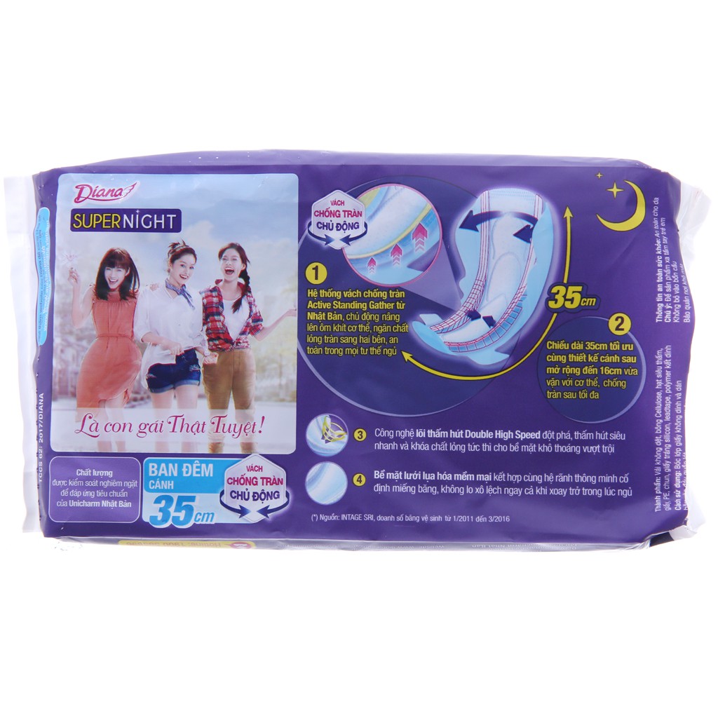 Băng Vệ Sinh Ban Đêm Diana Super Night Chống Tràn Có Cánh 3 Miếng 35cm