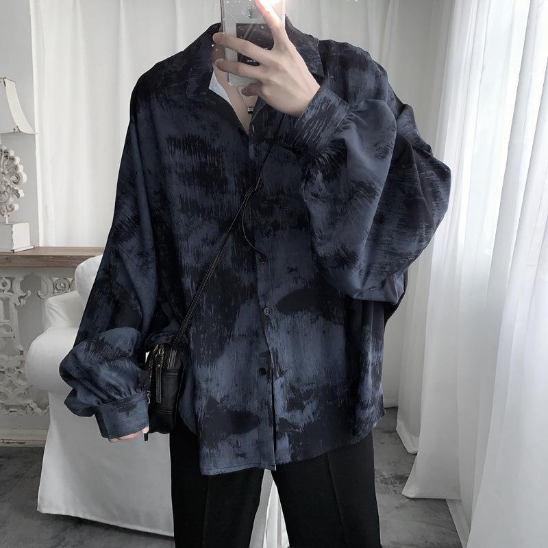 Áo Sơ Mi Nam Dài Tay Dáng Rộng Màu Xanh Dương Đậm Phong Cách retro Hong Kong Thời Trang Mùa Hè Mới