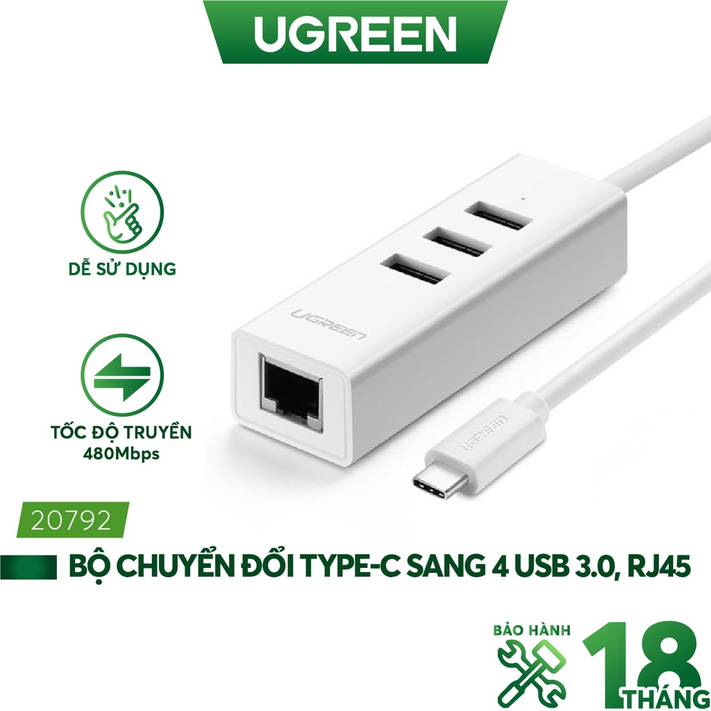 Cáp chuyển đổi USB type C sang Ethernet RJ45 + Hub 3 cổng USB 2.0 dài 30cm UGREEN 20792