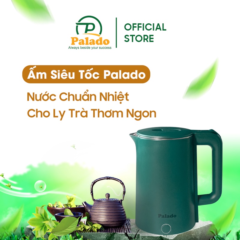 Ấm Đun Siêu Tốc 2 lớp Palado 668C✅ 2,3lit - 1500w chống cháy tự động ngắt, ruột inox 304, màu xanh cổ vịt - Chính hãng