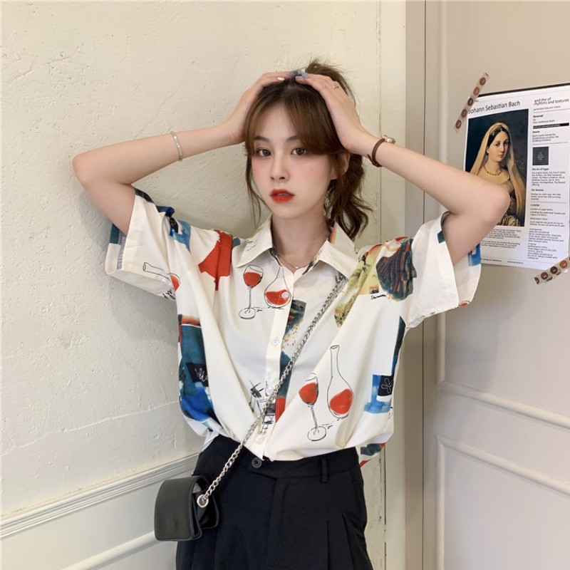 LEEVA - Áo sơ mi chiffon tay ngắn in họa tiết thời trang ngày thường cá tính cho nữ: Trắng hình | BigBuy360 - bigbuy360.vn