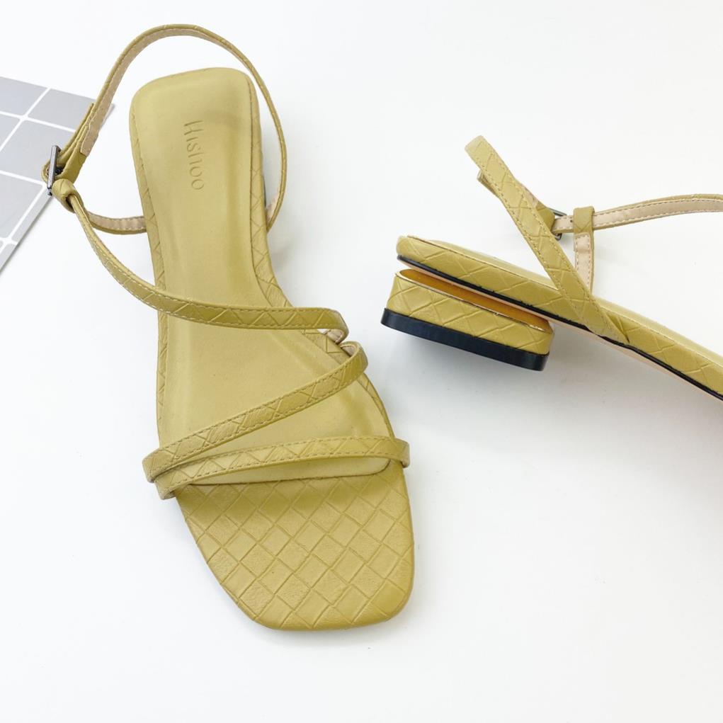 VIP Sandal cao gót nữ 1,5 phân quai mảnh mũi vuông họa tiết caro 1 cm cao cấp HISHOO màu xanh mint S010