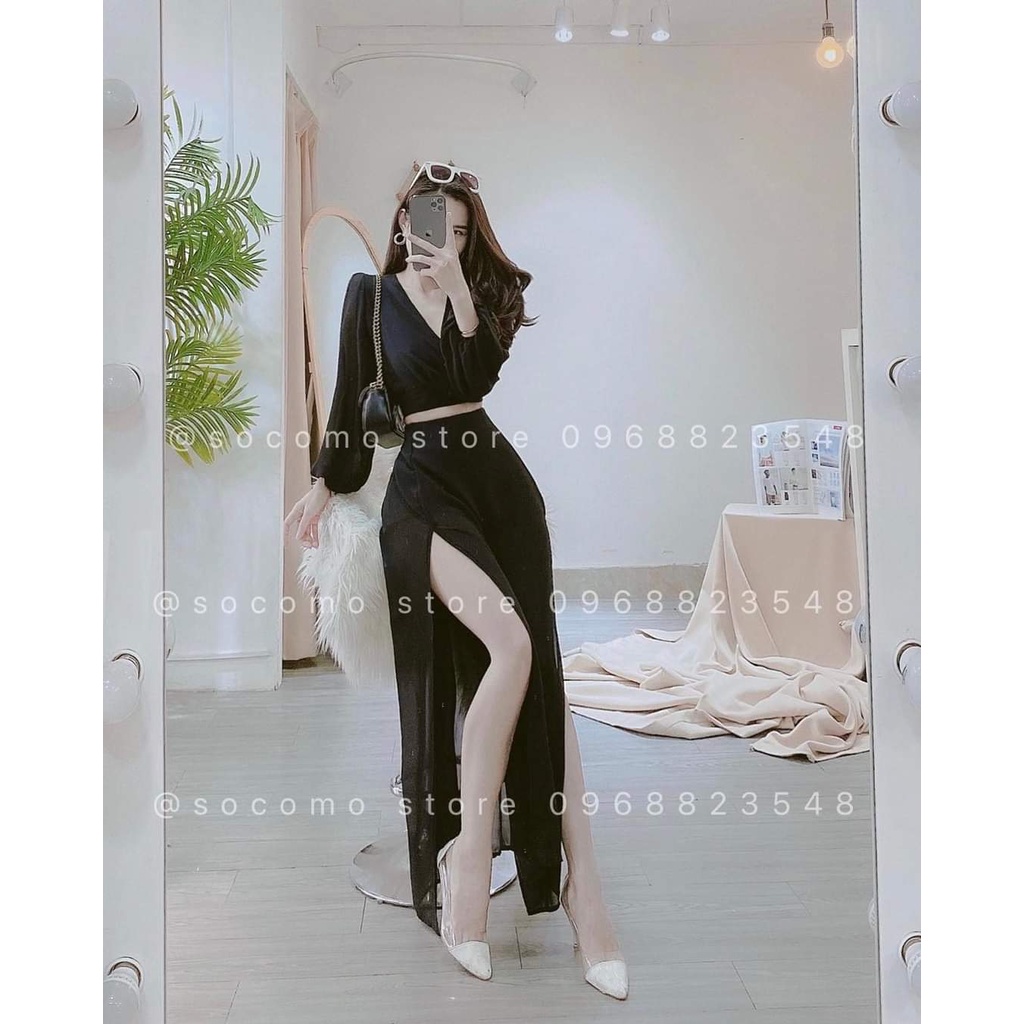 Sét áo xẻ sau cổ v tay dài kèm chân váy xẻ tà dáng dài
