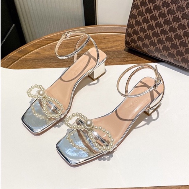 Sandal nữ gót vuông 5cm quai ngang nơ ngọc