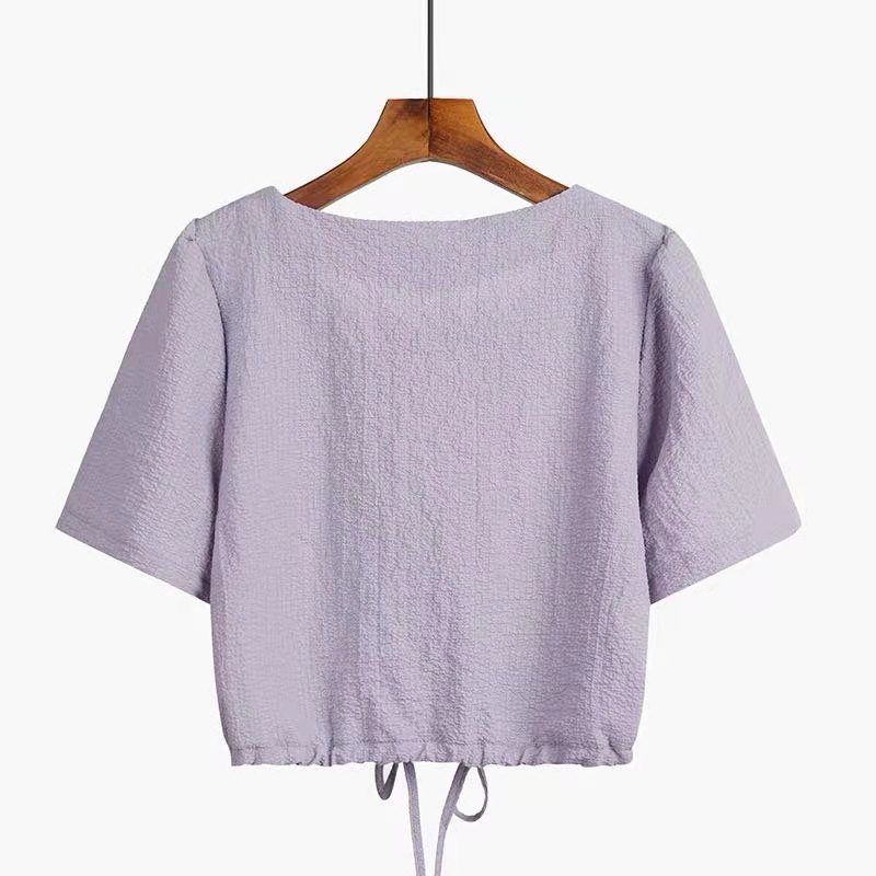 Women's French Square Neck Drawstring Design Shirts Loose Fashion Summer Solid Short Sleeve Crop Tops | BigBuy360 - bigbuy360.vn
