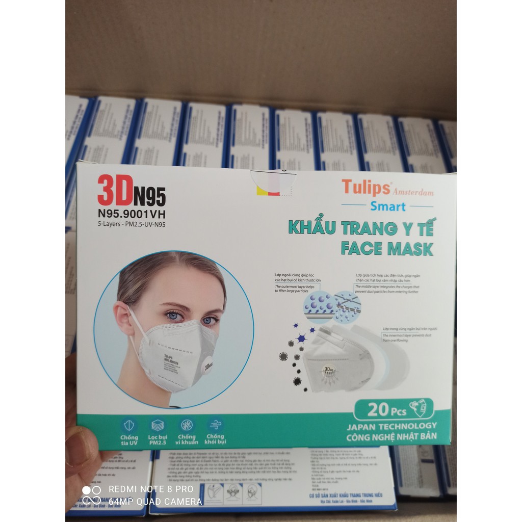 (Chính Hãng) Khẩu trang Tulips 3D N95 Lọc Bụi Siêu Mịn PM2.5 Có Van Thở