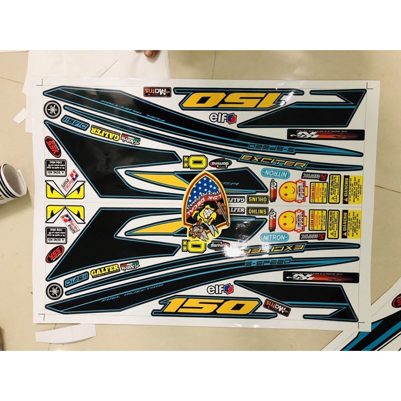 Trọn bộ Tem Rời ex 150 chỉ xanh dán xe đen 3 lớp ko bay màu