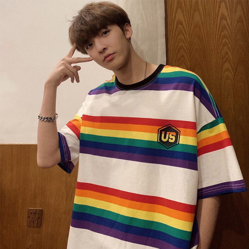 Áo Thun Cổ Tròn Ngắn Tay Họa Tiết Sọc Ngang Nhiều Màu Thời Trang Unisex