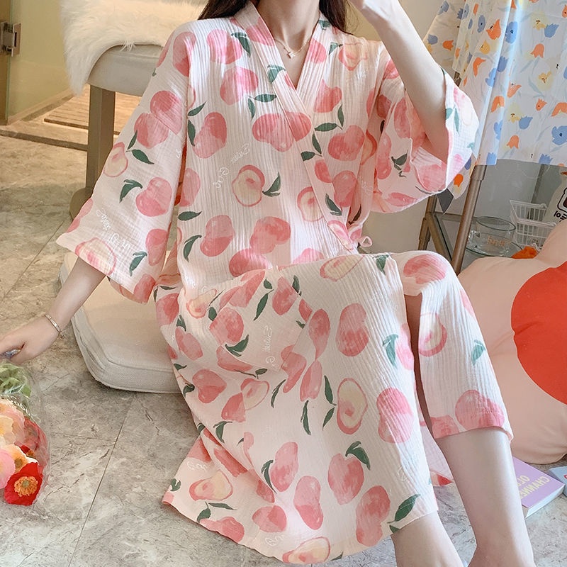 Áo choàng ngủ kiểu Kimono chất liệu Cotton mỏng dành cho nữ