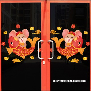 Decal trang trí tường Tết - Chuột cưỡi Cá Chép