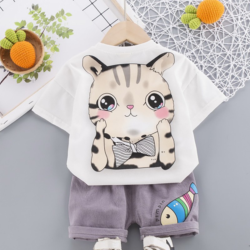 Set áo thun ngắn tay cổ tròn + quần short đáng yêu cho bé trai
