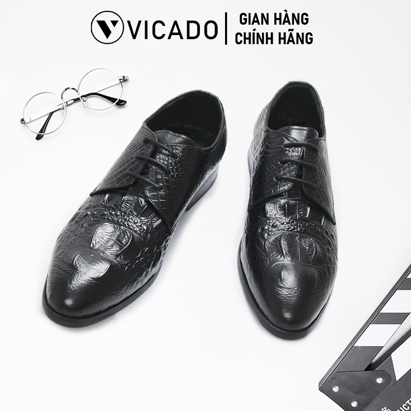 Giày tăng chiều cao nam da bò cao cấp công sở Oxford Vicado VA0021 màu đen buộc dây