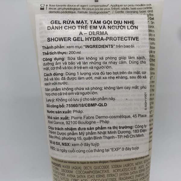 [TEM NHẬP KHẨU] Gel rửa mặt, tắm gội hàng ngày cho da mỏng manh A-DERMA SHOWER GEL HYDRO-PROTECTIVE ADERMA 200ml | BigBuy360 - bigbuy360.vn