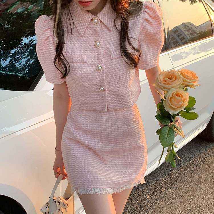 Set áo váy dạ tweed màu hồng cạp chun có ảnh thật AC010