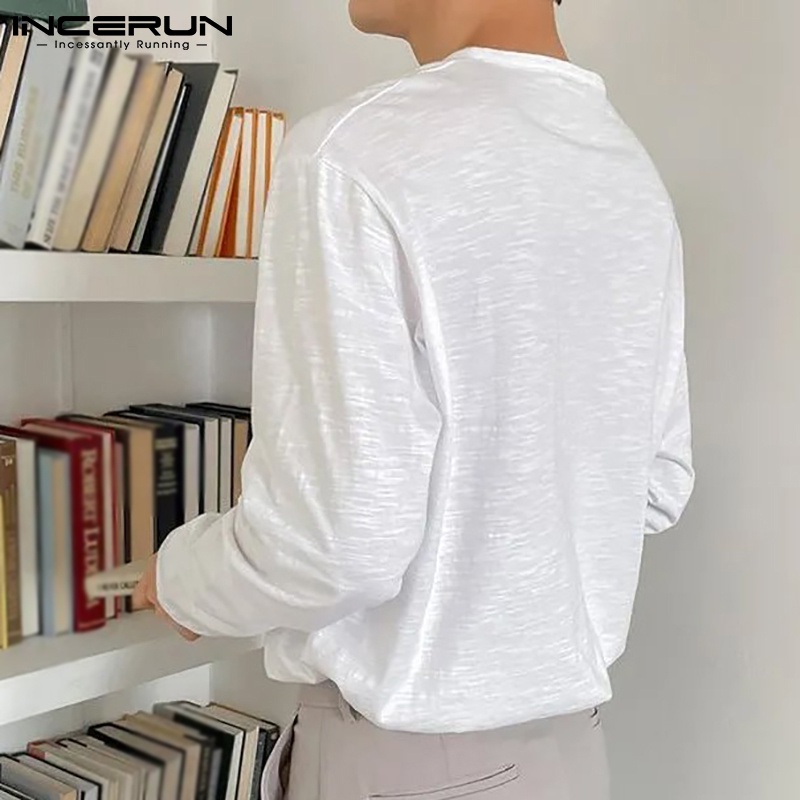 Áo thun INCERUN màu trắng tay dài cổ tròn dáng rộng giản đơn thoáng mát dành cho nam