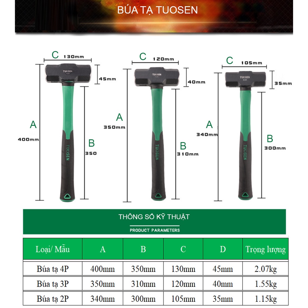 Búa Tạ 1kg, 1.5kg, 2kg TUOSEN, Búa sắt đóng đinh 2P, 3P, 4P TUOSEN với tay cầm bọc cao su