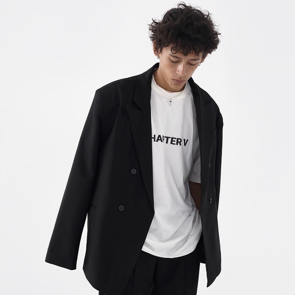 Áo Blazer, Vest đen 2 hàng nút, vạt đắp chéo, form rộng - Double Breasted Black Blazer