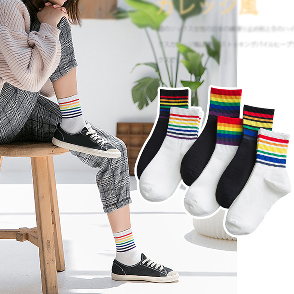 Tất Cotton Hoạ Tiết Kẻ Sọc Cầu Vồng Thời Trang Mùa Đông Cho Nữ