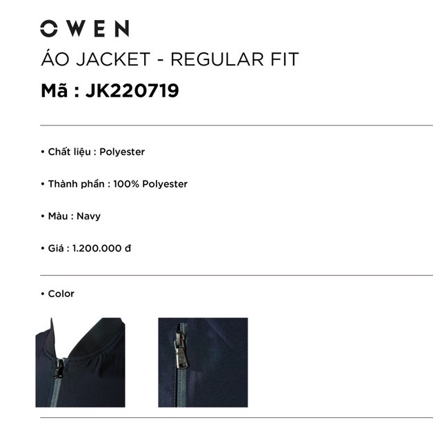 Áo Khoác Bomber Nam Owen JK220719 Jacket Dáng suông Bo Cổ Tay Và Gấu Màu Navy Trơn Vải Polyester Cao Cấp