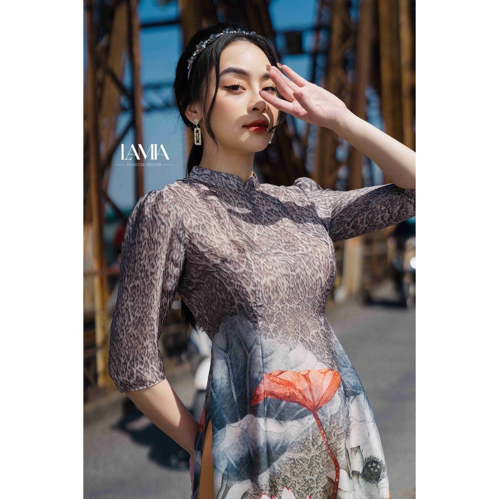 SET ÁO DÀI TƠ HÀNG CHÂU IN HÌNH HOA SEN LAMIA DESIGN AD051