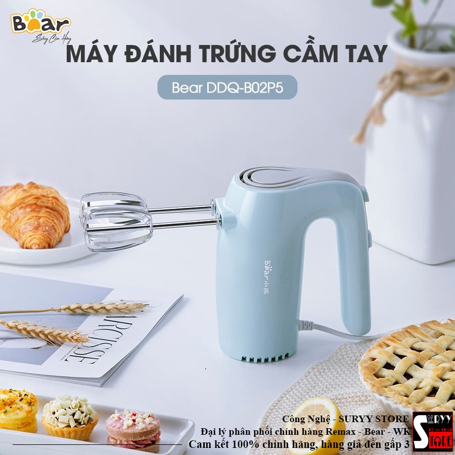 Máy đánh trứng Bear DDQ-B02P5, Có 5 tốc độ khác nhau, Vỏ ABS + SUS, que đánh bằng inox mạ chrome kép