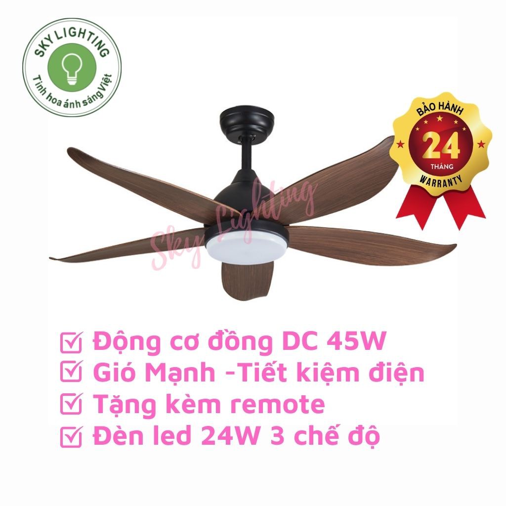 Quạt trần đèn 5 cánh vân gỗ 1m35 kèm điều khiển 6 số Bh động cơ 10 năm SKY02