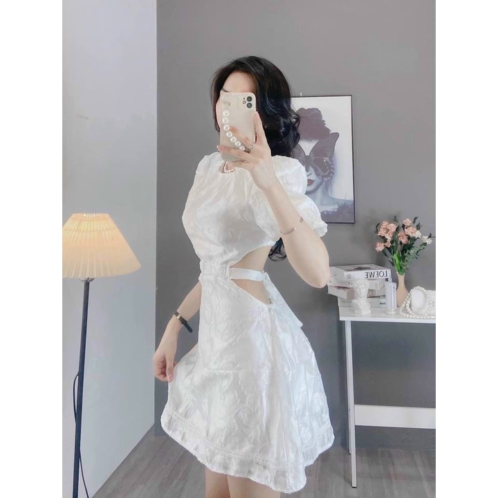 Đầm hoạ tiết cutout lưng thắt nơ