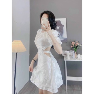 Đầm hoạ tiết cutout lưng thắt nơ