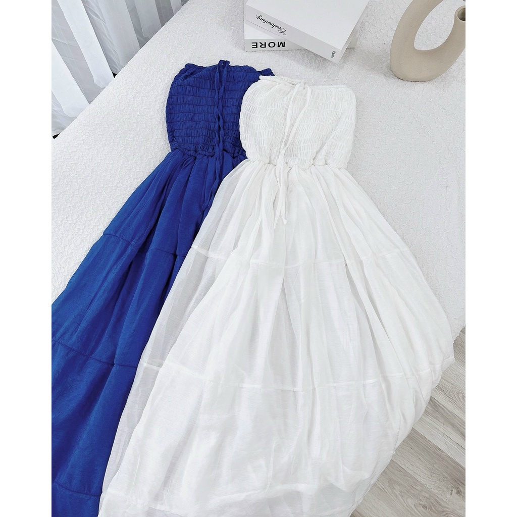 Đầm Maxi 💖DEMISS💖 Váy Maxi Ống Nhún Chỉ Ngực Đi Biển Siêu Xinh - V-Xanh-Trắng-80