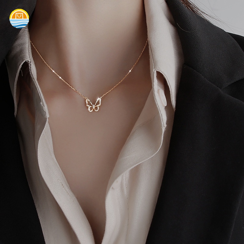 Vòng cổ Mạ Bạc Mặt Hình Bướm Đính Đá Thanh Lịch Phù Hợp Làm Quà Cho Nữ/JP2VNWL