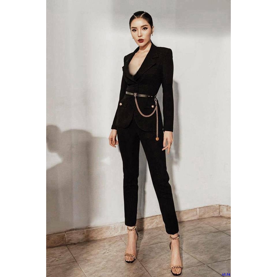 Set Áo Kiểu Vest Tay Dài Hở Ngực Quần Ôm Không Kèm Belt