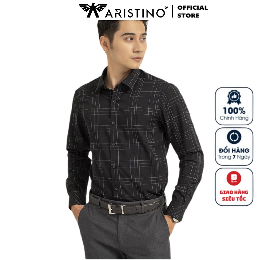 Áo Sơ Mi Nam Tay Dài Aristino ALS16009 Màu Đen Caro Xược Trắng Kiểu Dáng Slim Fit Chất Liệu Sợi Sồi