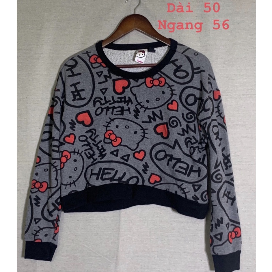 Áo nỉ cổ tròn sweater phong cách Hàn Quốc dáng croptop họa tiết Hello Kitty secondhand