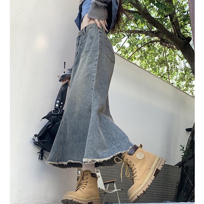 Chân váy jean đuôi cá QKOOLE lưng cao thời trang Hàn Quốc cho nữ