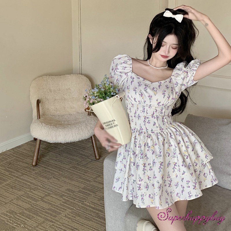 Đầm Tay Ngắn Phồng Cổ Vuông Dáng Ôm In Hoa Thời Trang Xinh Xắn Cho Nữ