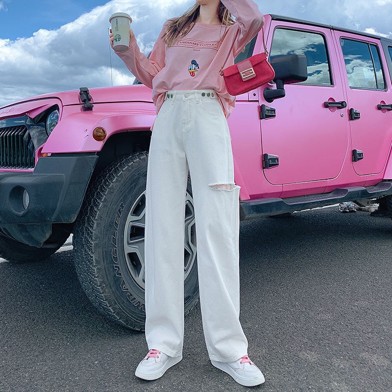 Quần Jean Nữ Xuông Ống Rộng Hai Màu Trắng Đen Basic phong cách Ulzzang che khuyết điểm cực tôn dáng