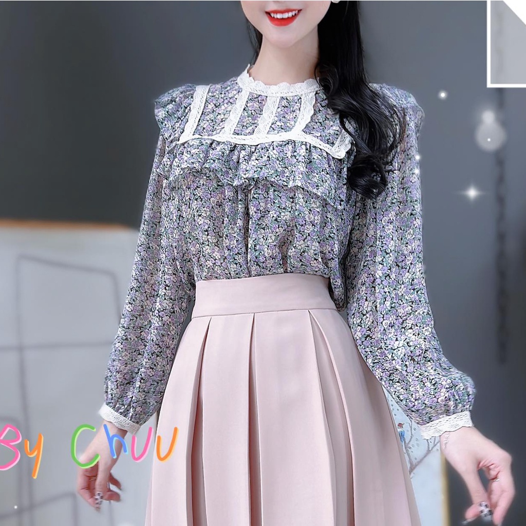 Áo hoa công sở nữ tay phồng viền ren xinh xắn CHUU A8023