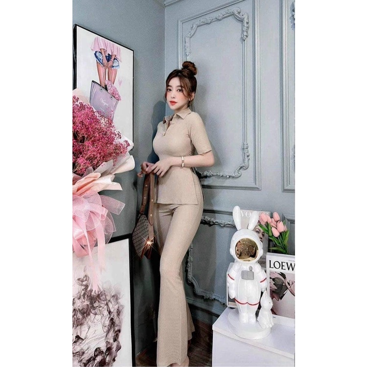 Set Thun Gân Áo Ôm Cổ Polo Xẻ Hai Bên Quần Ôm Dài Ống Loe