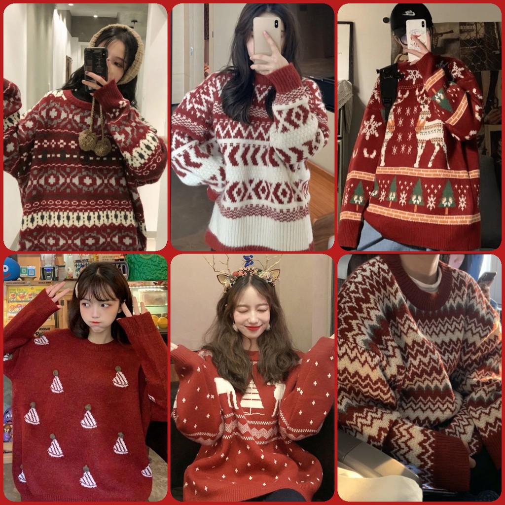  Áo sweater dáng rộng họa tiết màu đỏ ấm áp dễ thương cho nữ