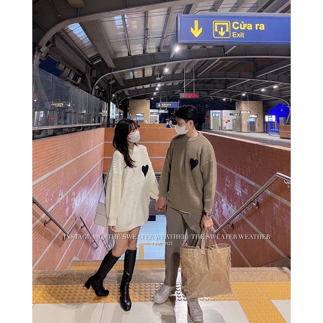 Áo len thêu tim pha da mặc đôi nam nữ the.sweaterweather TSW
